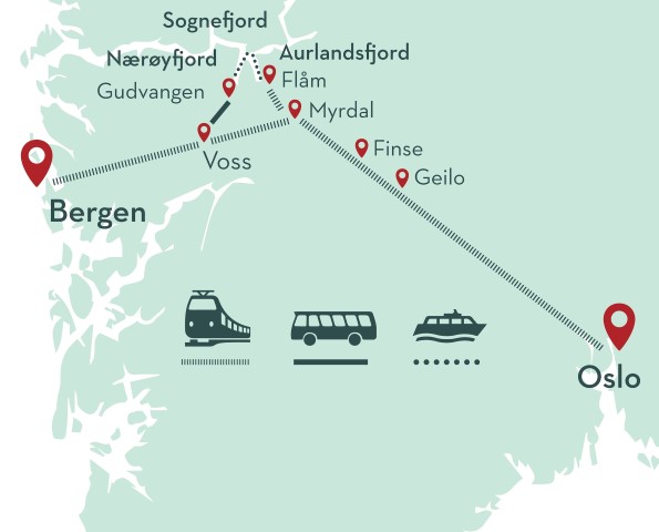 Kort: Togrejse fra Oslo til Bergen